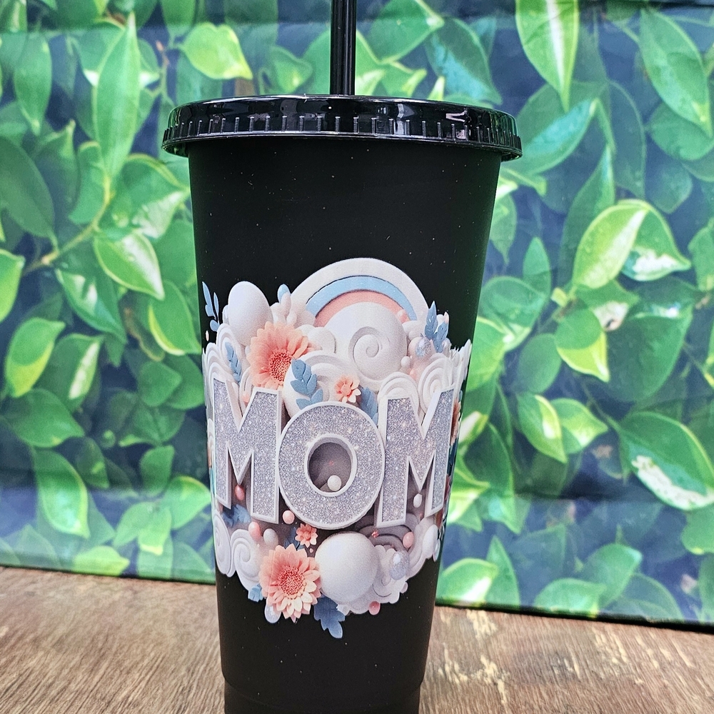 Black 'MOM' Tumbler with Straw